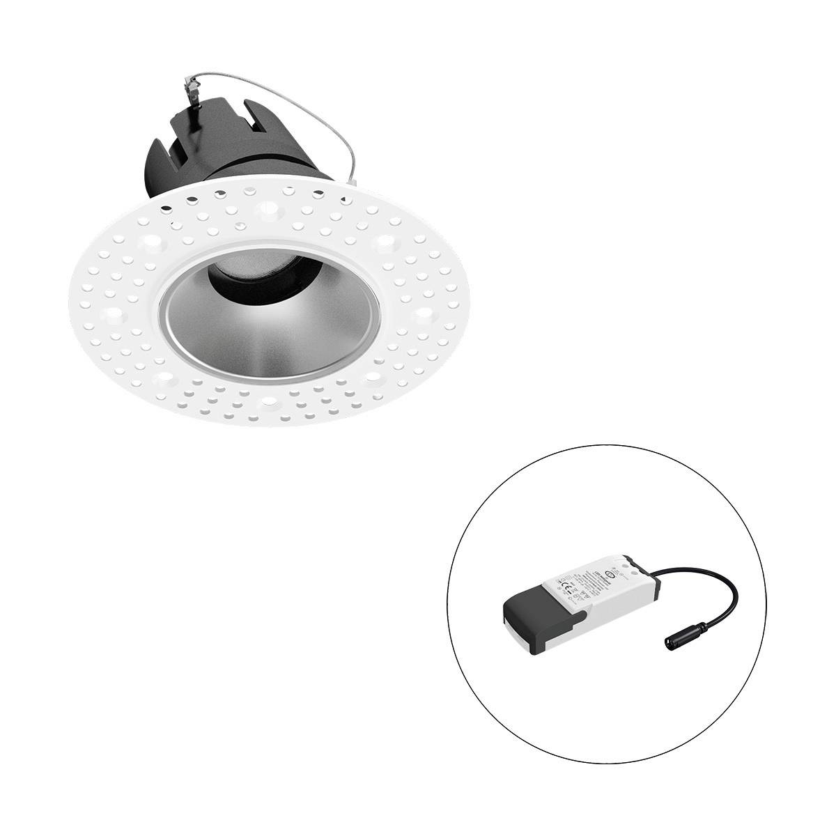 LED-Deckeneinbaustrahler in weißer Fassung mit externem Treiber, geeignet für Inneninstallationen, modernes Design.