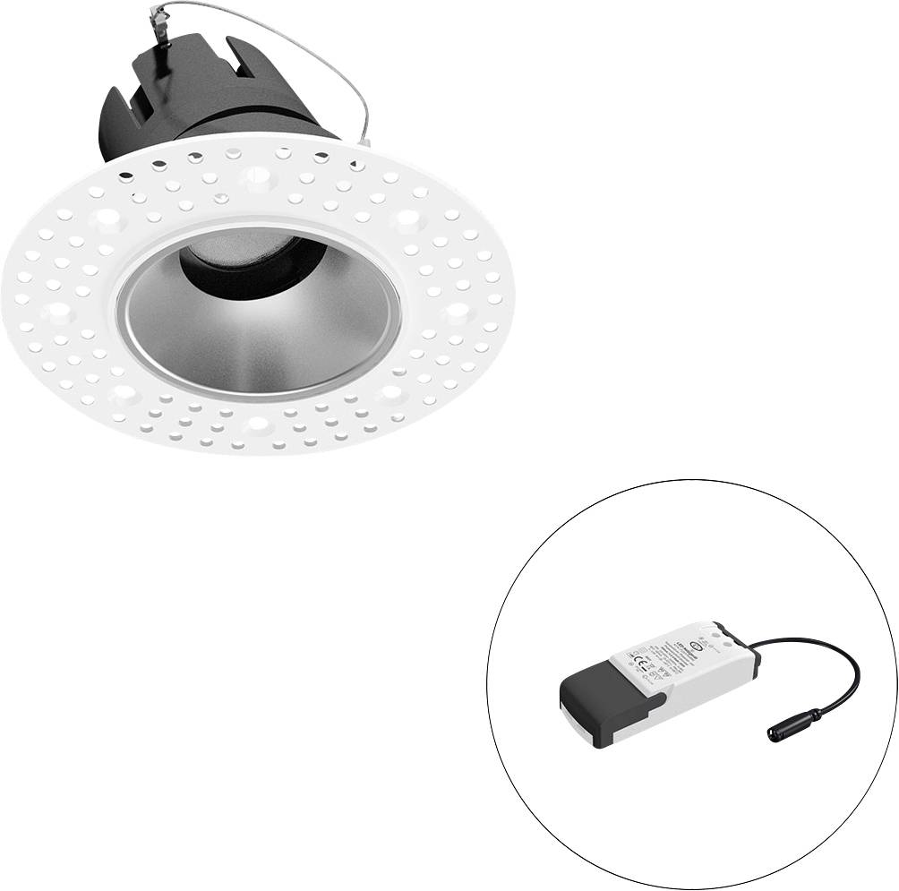 Eingelassene LED-Einbauleuchte mit perforiertem Trimm und separater Stromversorgung für den Treiber, dargestellt in einem eingefügten Kreis.