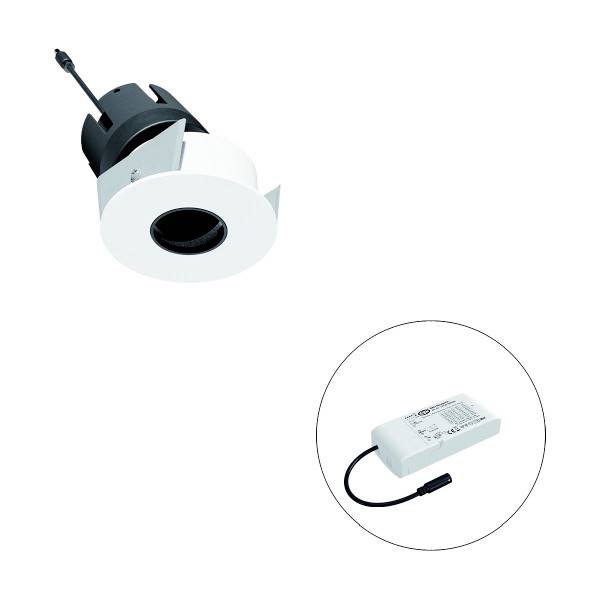Einbaustrahler in Weiß mit schwarzem Innenrand und externem Transformator verbunden durch ein Kabel. Geeignet für Deckenmontage.