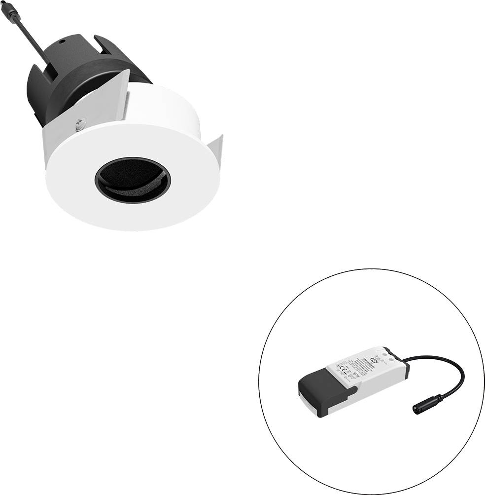 Weiße eingebaute LED-Deckenleuchte mit separatem Treibermodul, dargestellt in einem Insetkreis.