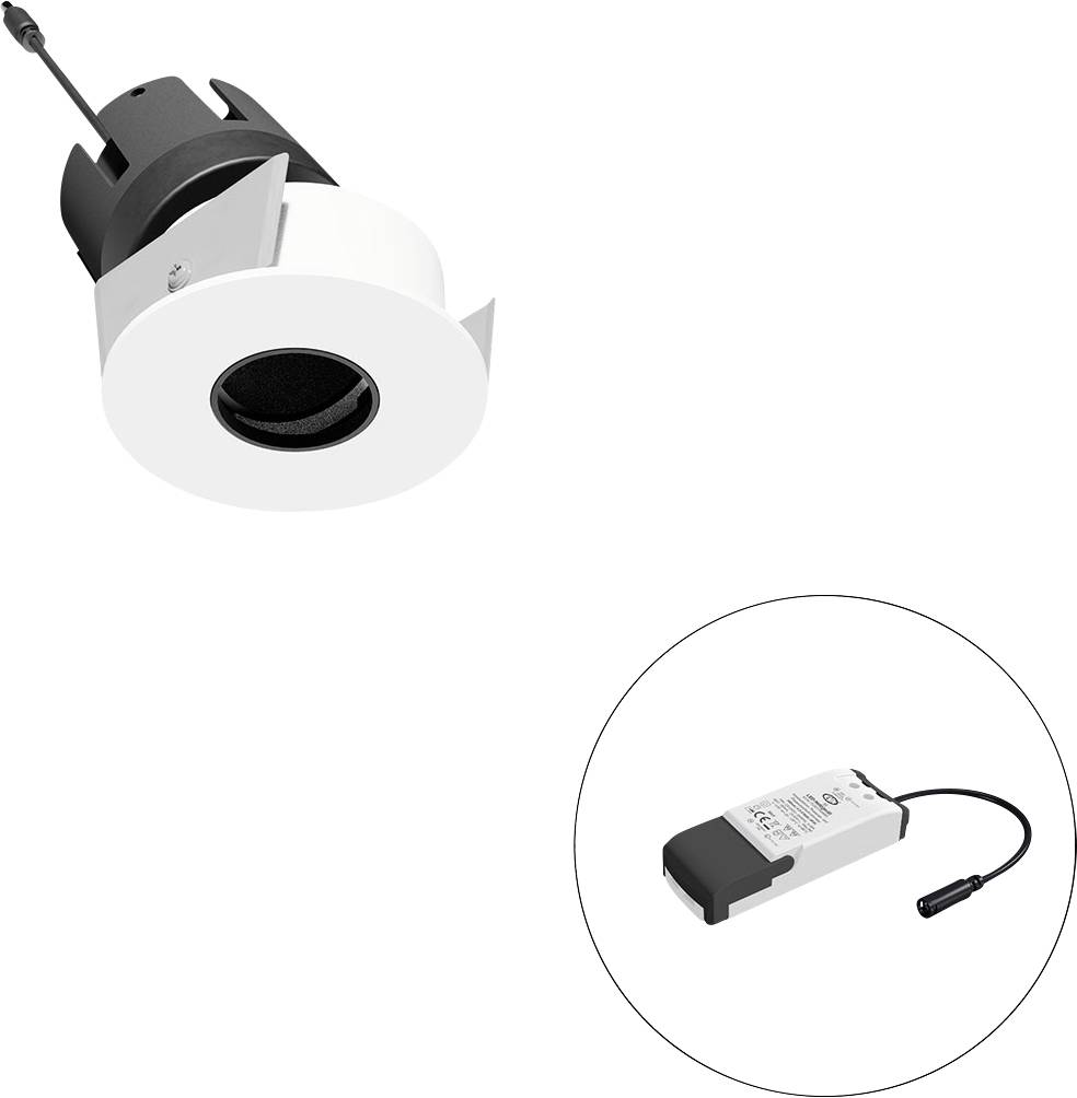 Weiße eingebaute LED-Downlight mit Treiber, der in einem kreisförmigen Einsatz gezeigt wird und die Leuchte und ihre Stromversorgung veranschaulicht.