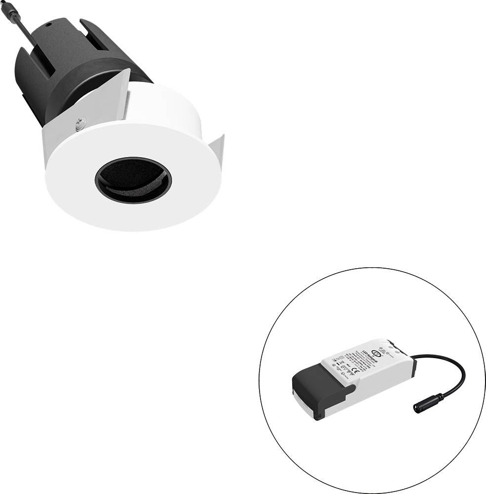 Weiße eingebaute LED-Downlight-Leuchte mit Stromversorgung in einem Inset-Kreis dargestellt