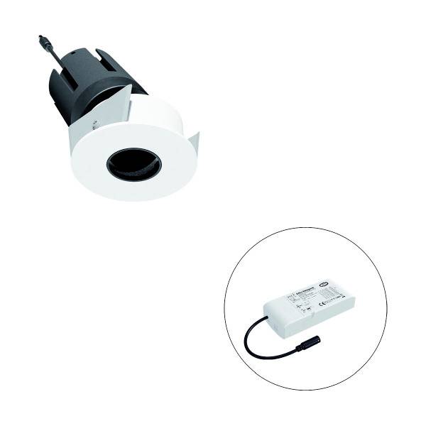 Ein weißer LED-Deckeneinbaustrahler und ein passender Transformator, beide auf weißem Hintergrund abgebildet.