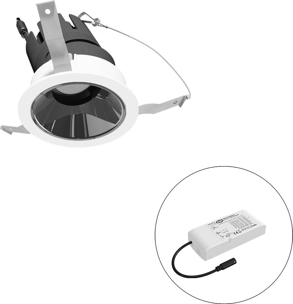 Eingelassene Deckenleuchte mit separater LED-Treibernetzteil, dargestellt in einem Inset-Kreis.