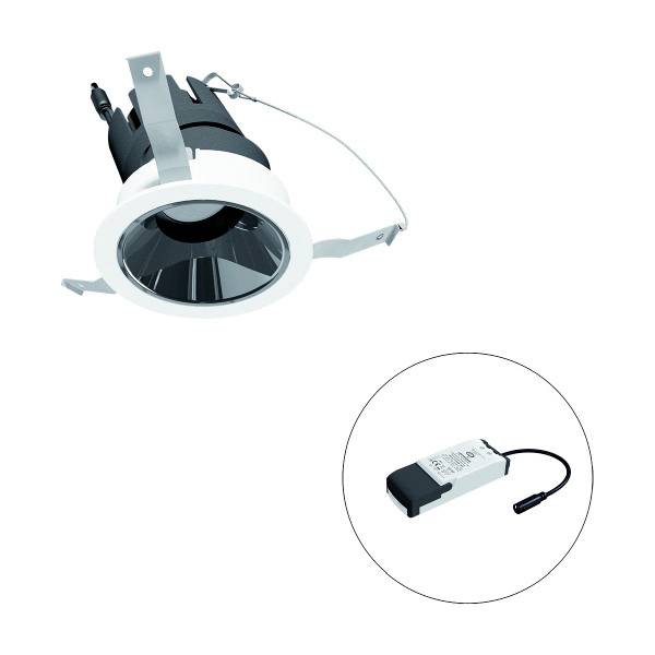 LED-Downlight in runder Fassung mit austauschbarem LED-Treiber; geeignet für Deckeneinbau, moderne Beleuchtungslösung.