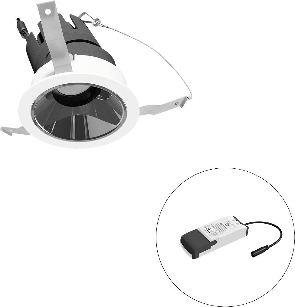 Eingelassener Deckenspot mit Federclips, dargestellt mit einem separaten LED-Treiber/Inverter in einer kreisförmigen Einblendung.