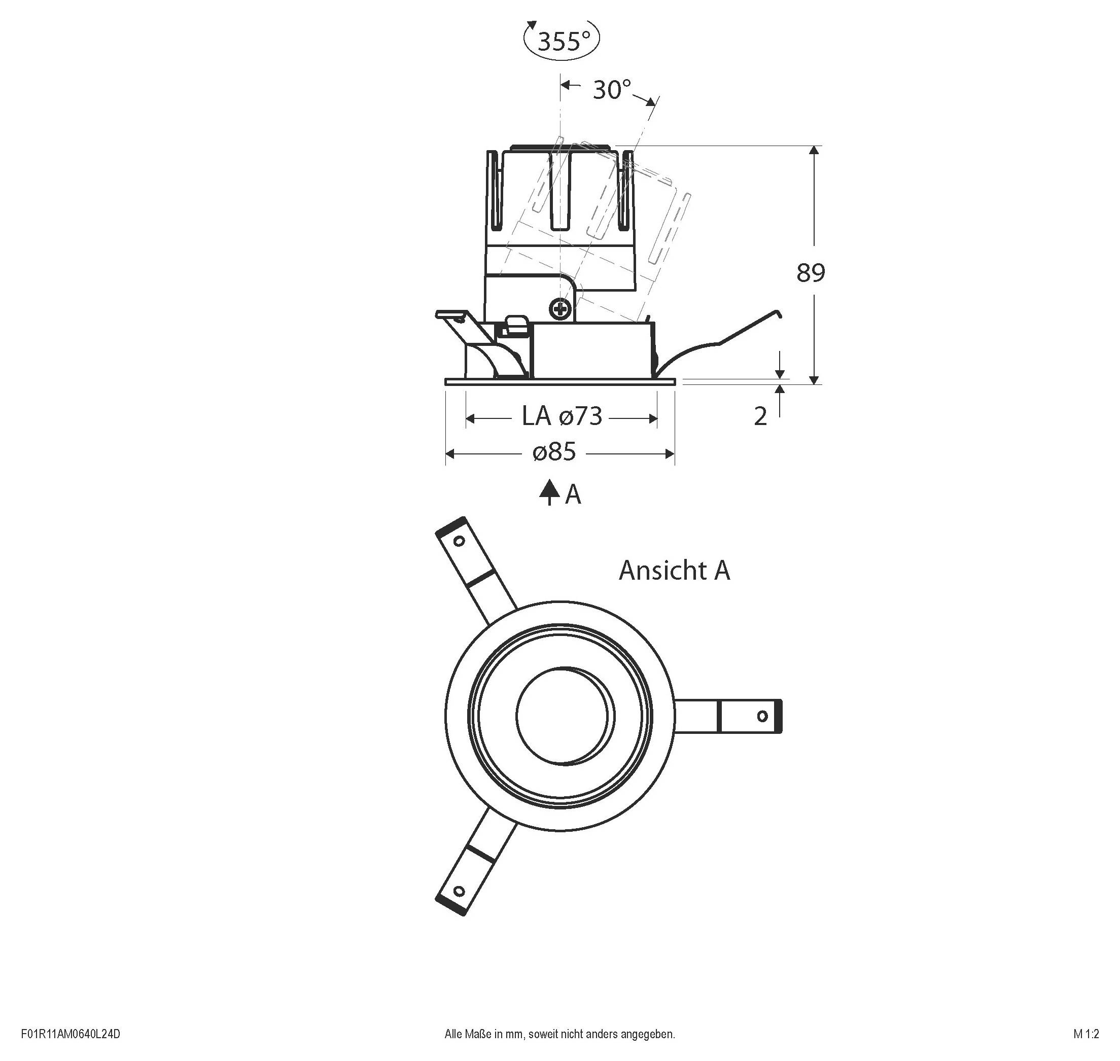 Technische Zeichnung eines runden mechanischen Bauteils, das Seiten- und Draufsicht mit Abmessungen zeigt, einschließlich 355° Drehung, 30° Winkel, 89 mm Höhe und 85 mm Durchmesser.