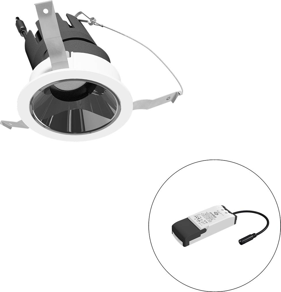 Eingebaute LED-Downlight-Leuchte mit Federclips, dargestellt mit separatem Treibermodul in der Einfügung.