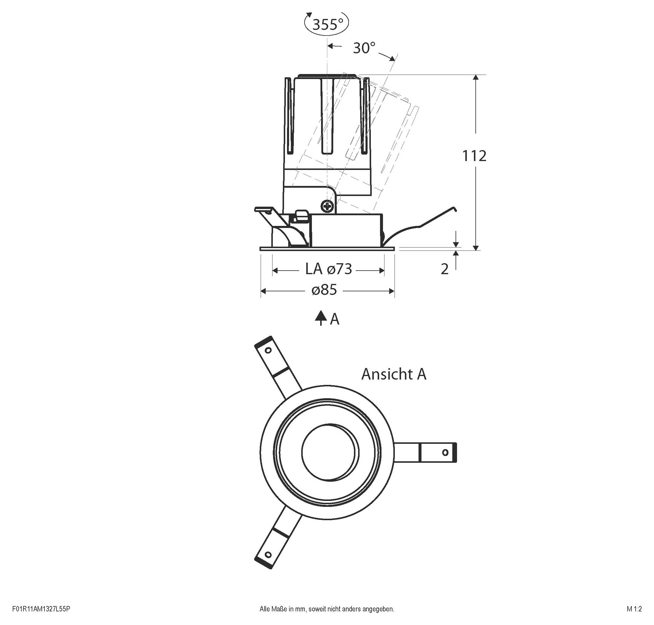 Technische Zeichnung eines kreisförmigen mechanischen Bauteils, das Seiten- und Draufsichten mit Abmessungen in mm zeigt, einschließlich 355° Drehung, 30° Winkel, 112 Höhe und Durchmesserbezeichnungen 85/73.