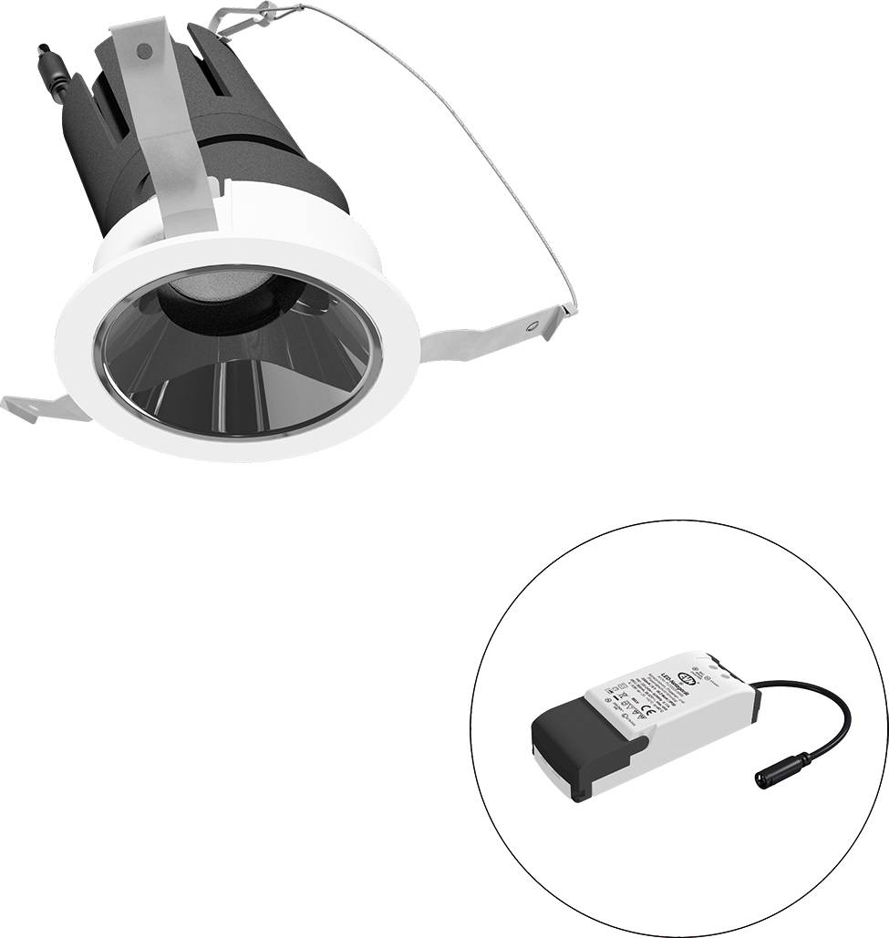Eingebauter Downlight mit angebautem LED-Treiber, dargestellt mit vergrößerter Detailansicht des Stromversorgungsmoduls.