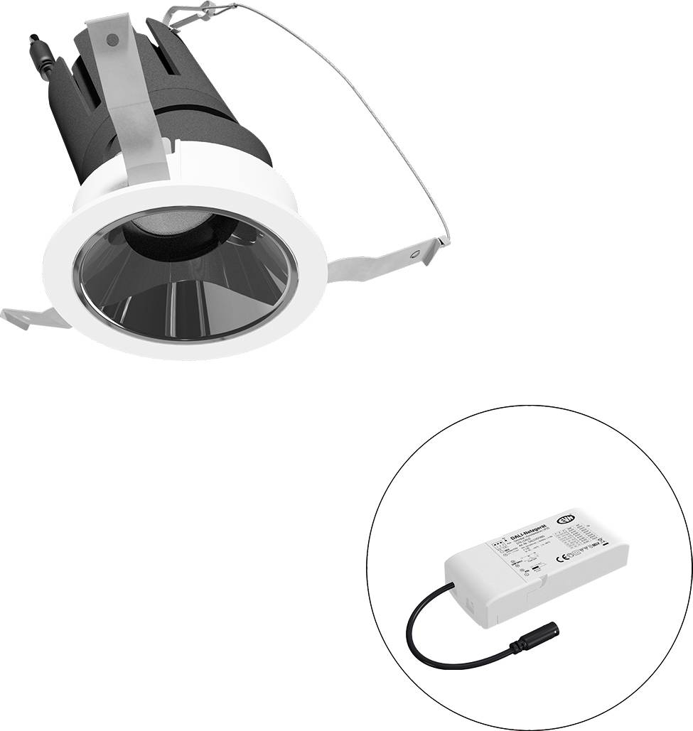 Weißer LED-Deckeneinbaustrahler mit separatem Netzteil, dargestellt in einer kreisförmigen Vergrößerung.