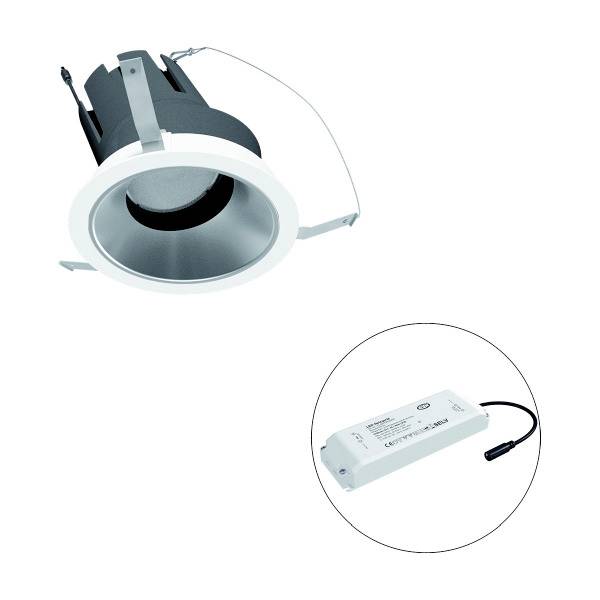 Einbau-LED-Strahler und LED-Treiber. Der Strahler hat einen runden, weißen Rahmen. Der Treiber ist rechteckig und mit Kabel ausgestattet.
