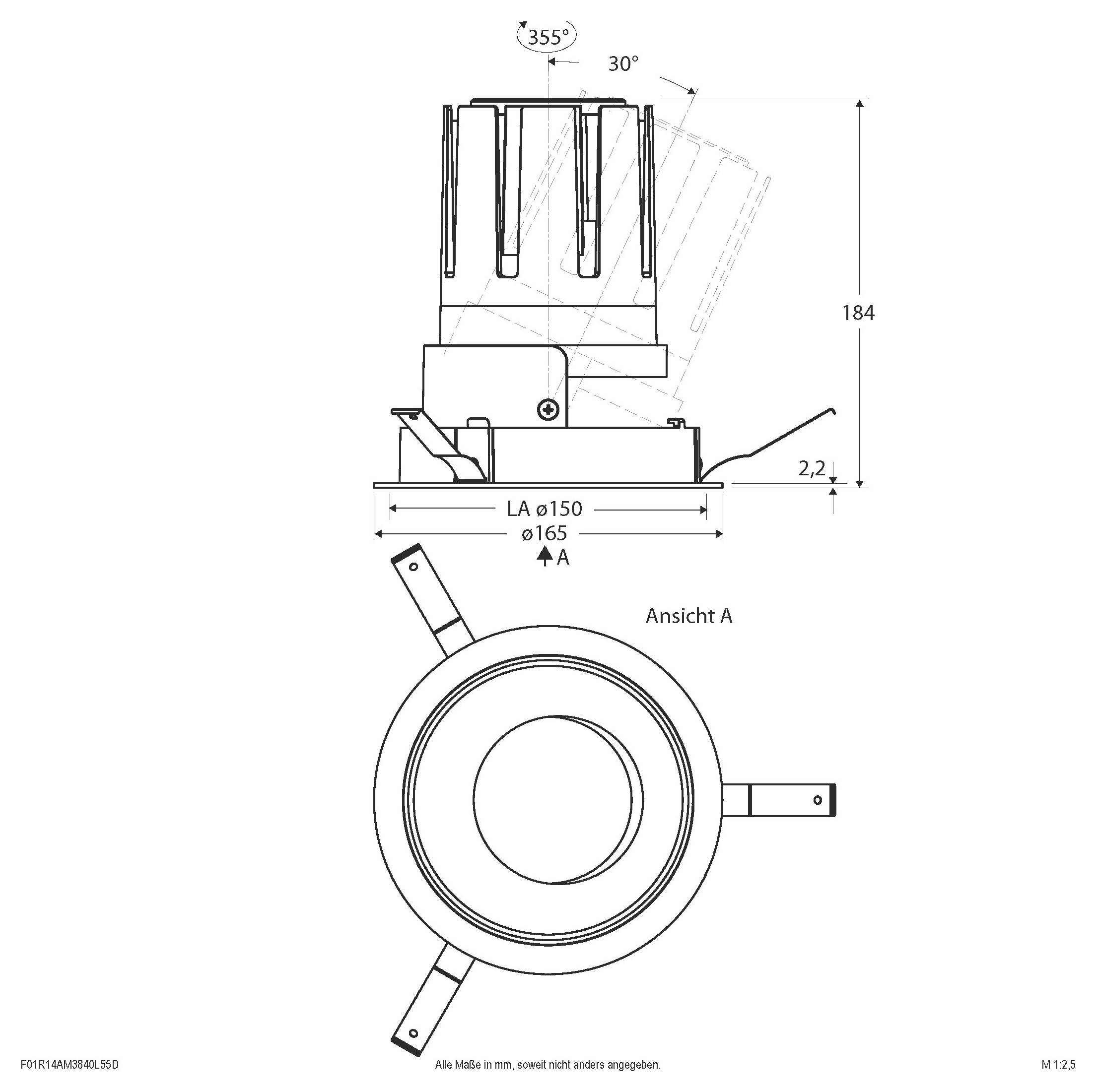 Technische Zeichnung eines kreisförmigen mechanischen Teils mit Seiten- und Draufsicht, die Abmessungen, Rotationswinkel und Montagelaschen zeigt.