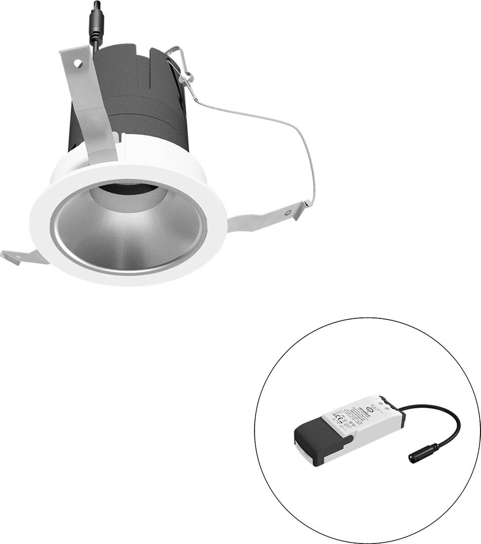 LED-Einbauleuchte mit Federclips und externem Trafo, dargestellt in einer Kreisausschnittsvergrößerung.