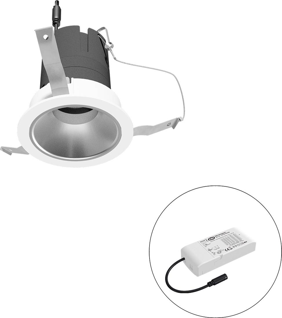 Eingebaute LED-Einbauleuchte mit Befestigungsklips, gezeigt mit separatem externem Treibermodul in einem eingefügten Kreis.