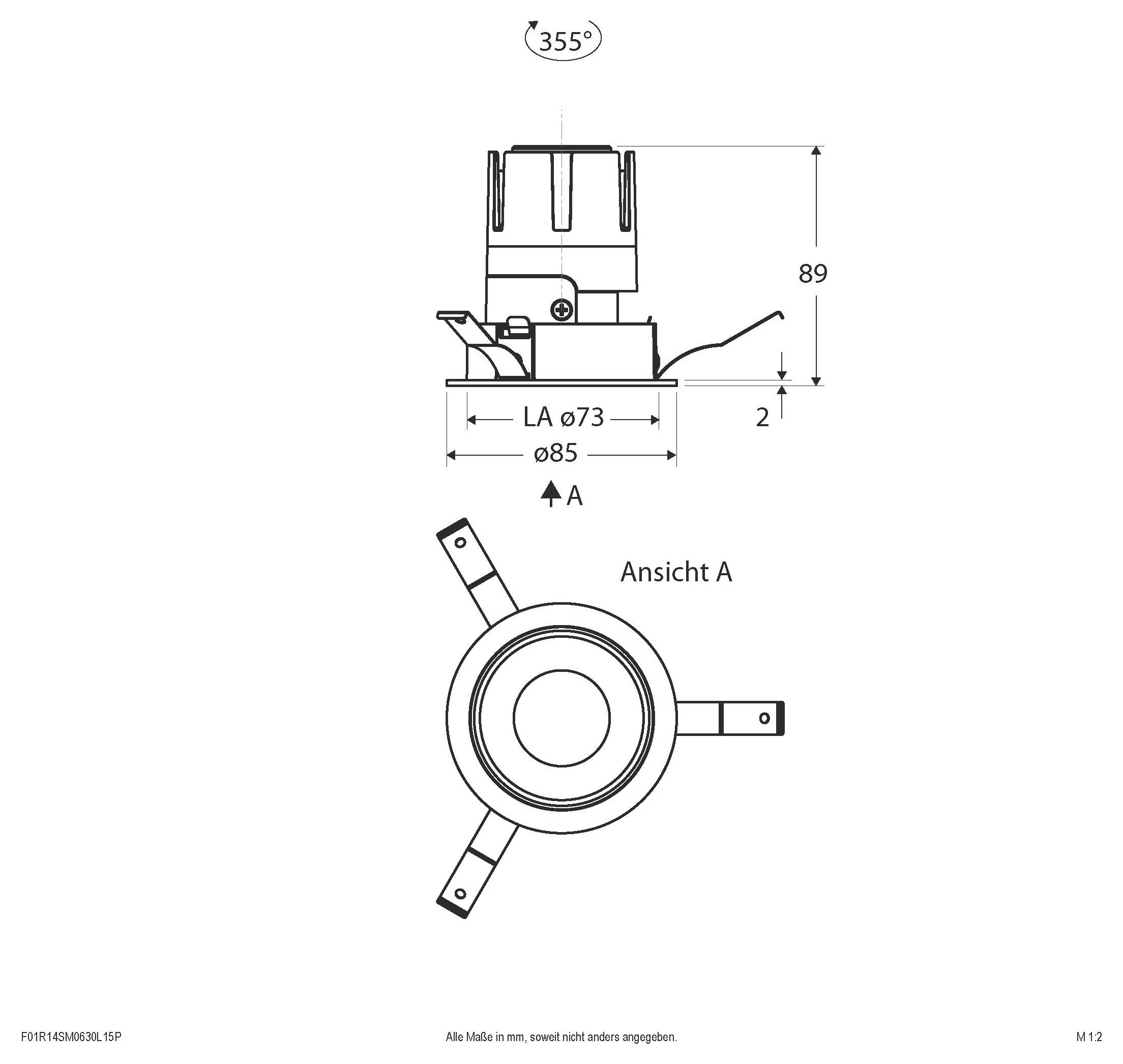 Technische Zeichnung eines kreisförmigen Geräts mit Seiten- und Draufsicht mit Abmessungen: 89 mm Höhe, 85 mm Durchmesser, 73 mm innere Breite und 355° Rotation.