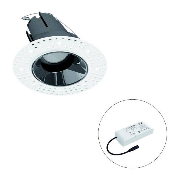 Ein runder Decken-Downlight mit einem reflektierenden Innenraum und einem separaten rechteckigen elektrischen Netzteil.