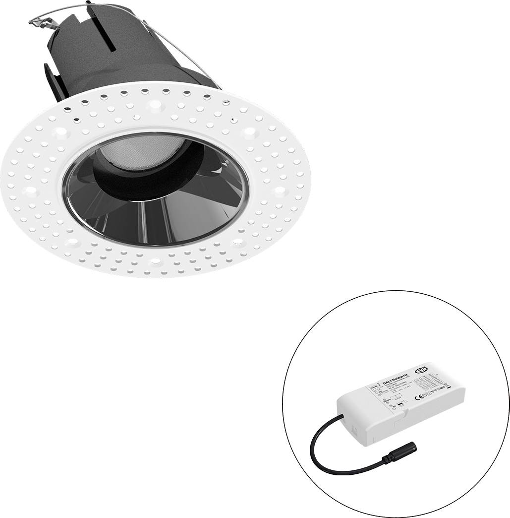 Eingelassenes LED-Downlight mit weißem Rahmen und separatem Treibermodul, dargestellt in einem Insetkreis.