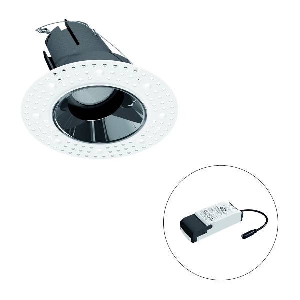 Integriertes Downlight-Set mit rundem Lichtkörper und separatem Treiber. Geeignet für Deckenmontage, modernes Design.