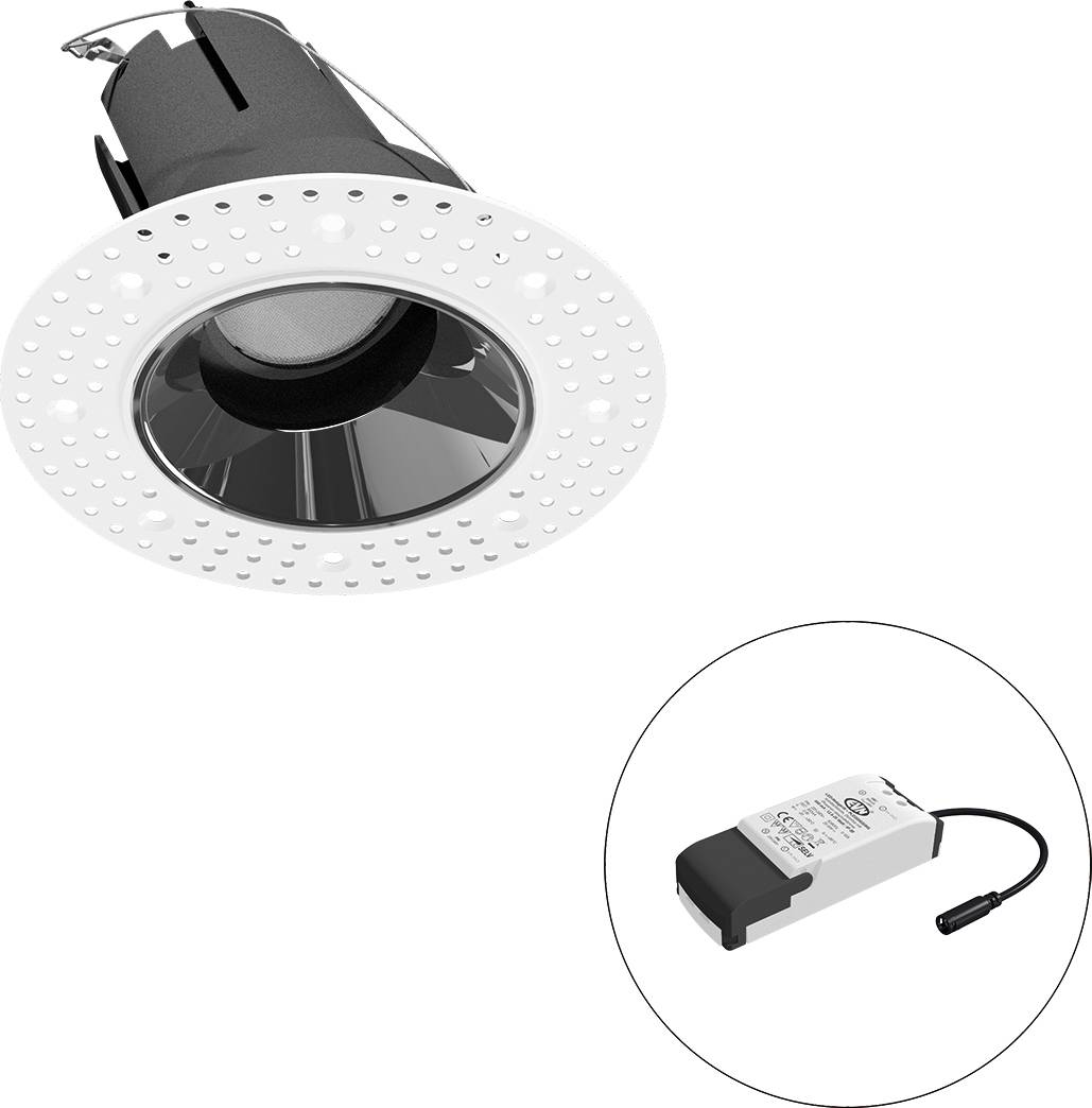 Eingelassene LED-Downlight mit rundem weißem Rahmen und integriertem Treiber, gezeigt in einem Kreis mit Inlay