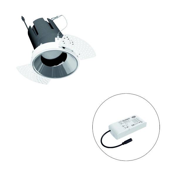 Einbaustrahler und LED-Treiber in separater Anordnung. Der Strahler ist rund mit silbrigem Reflektor und weißem Gehäuse, Treiber ist rechteckig.