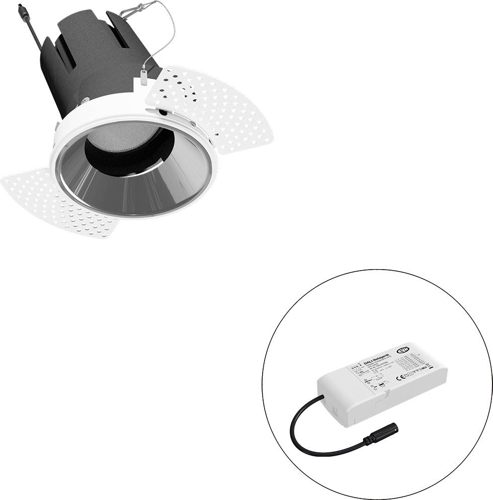 Eingebaute LED-Deckenleuchte mit verstellbaren Befestigungsclips und separates Treibermodul in einem eingerahmten Kreis dargestellt.