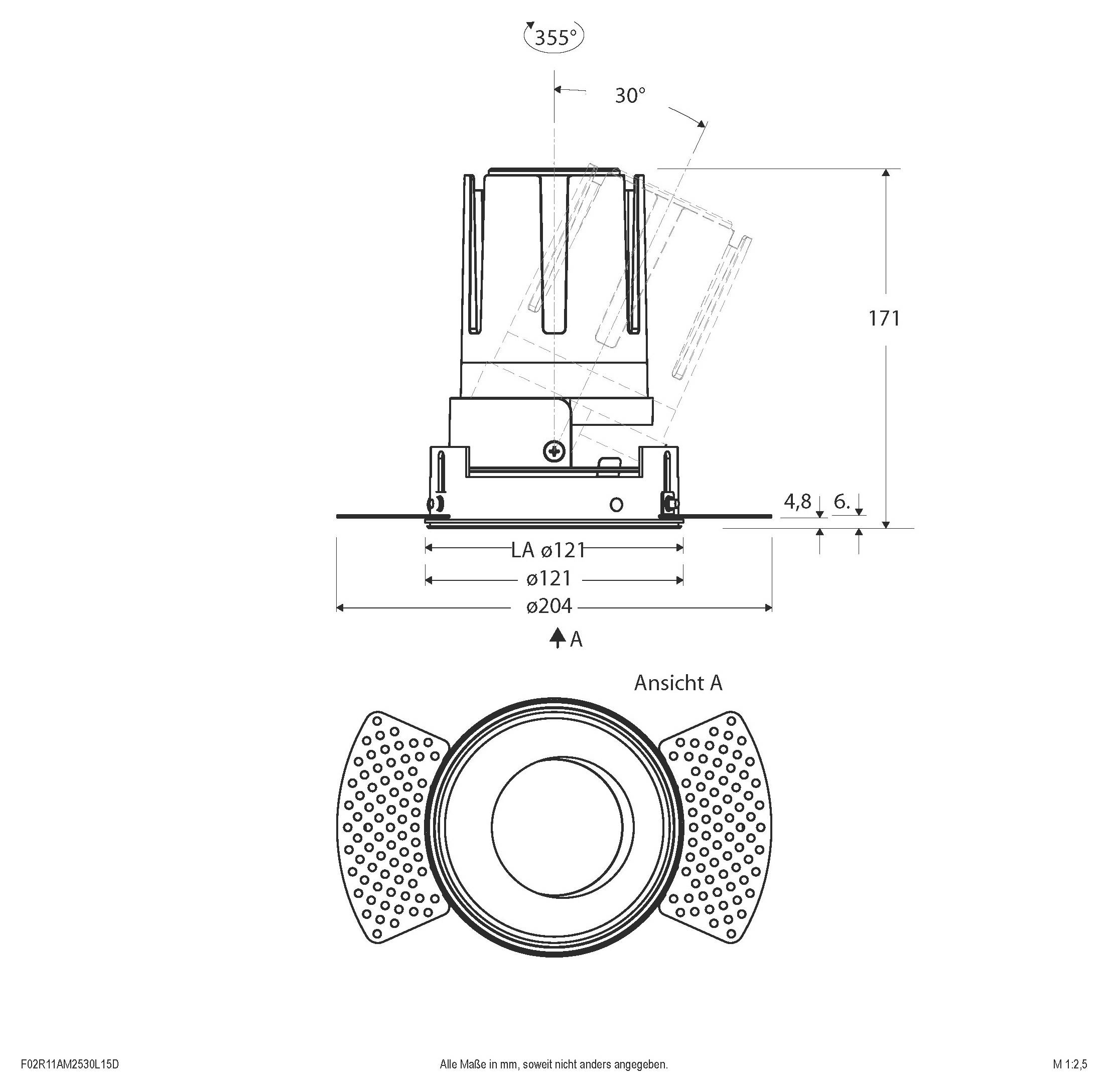 Technische Zeichnung eines zylindrischen Geräts mit Abmessungen und Seiten-/Draufsichten, die 355° Rotation, 30° Neigung und Größenmessungen in Millimetern zeigen.