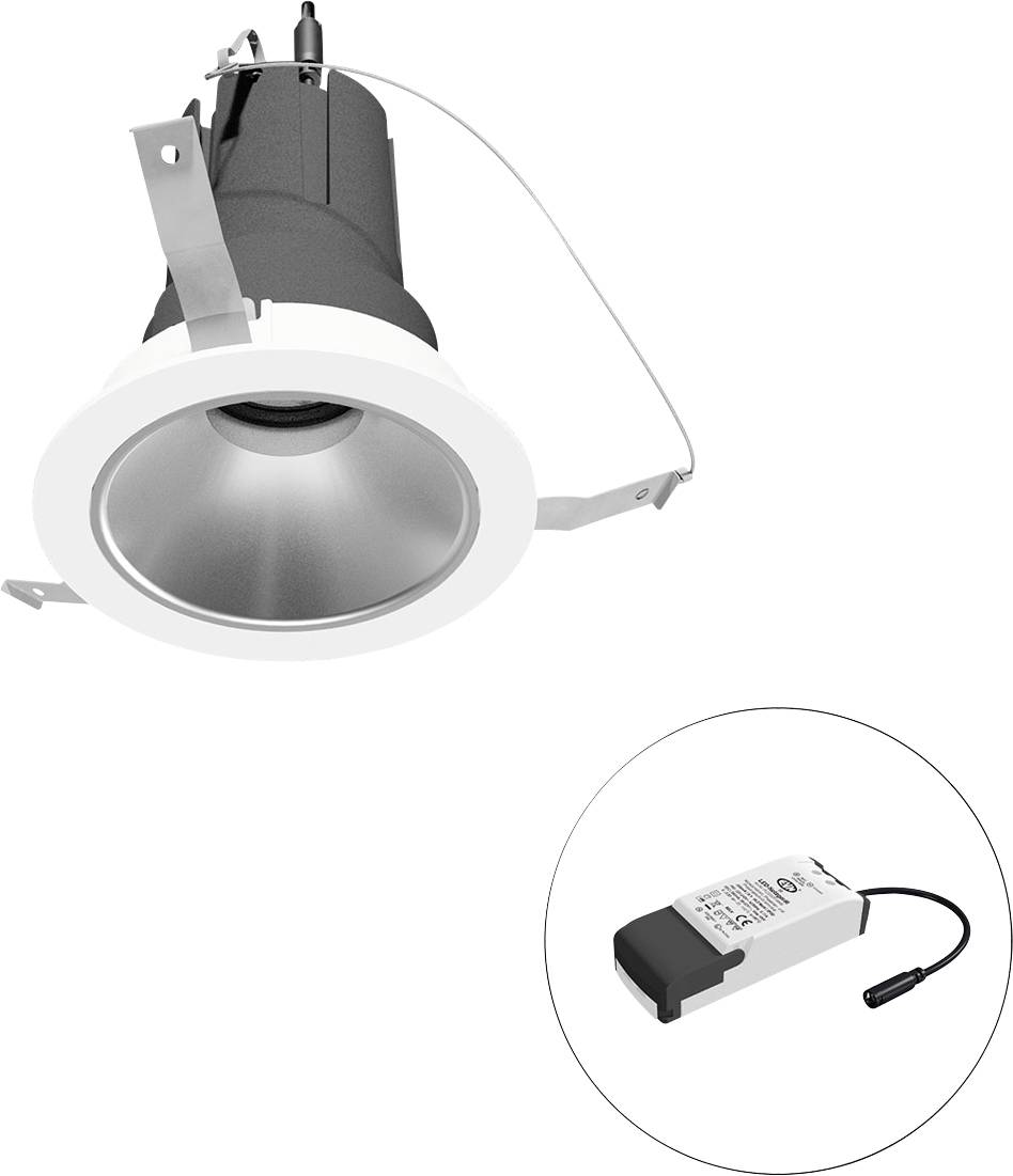 Eingelassenes LED-Downlight mit Befestigungsfedern, dargestellt mit einem separaten Treibermodul in einem eingefügten Kreis.