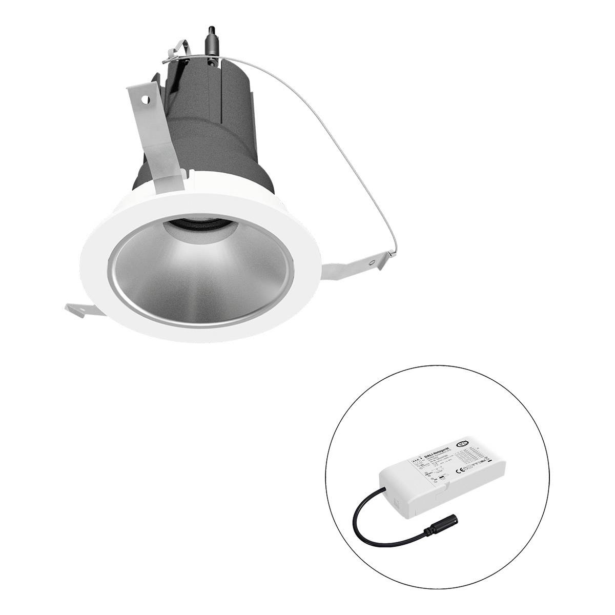 LED-Deckeneinbauleuchte in schwarz-weißem Gehäuse mit separatem LED-Treiber. Geeignet für professionelle Innenbeleuchtung.