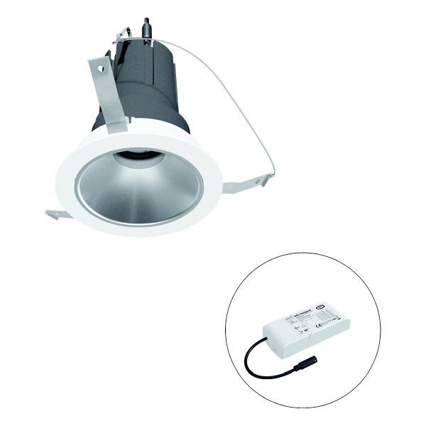 Einbauleuchte mit rundem, weißem Rahmen, schwarzem Gehäuse und separatem rechteckigem Stromadapter mit Kabel.