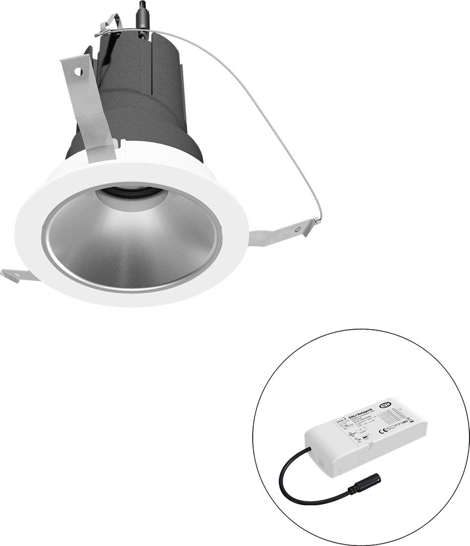 Eingelassene LED-Einbauleuchte mit weißem Trimring und Montagefedern, dargestellt mit separatem Treibergerät im Insetkreis.