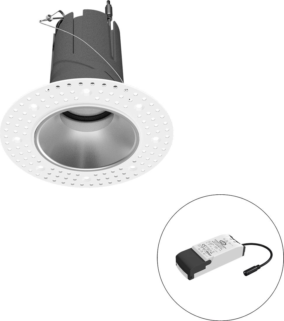 Rundes, versenkt eingebautes LED-Downlight mit weißem perforiertem Rahmen und silbernem Reflektor, dargestellt mit angebautem Treiber in einem eingefügten Kreis.