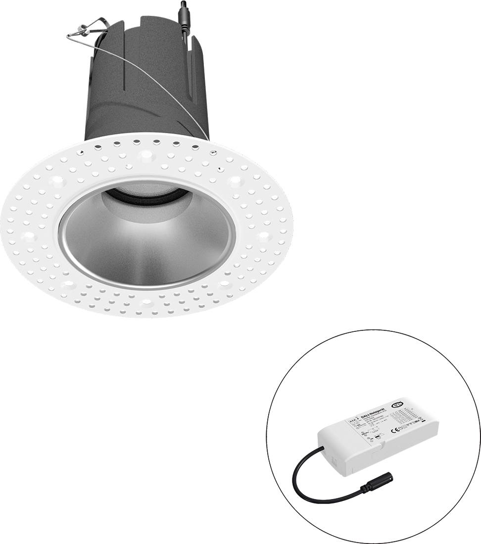 LED-Einbauleuchte mit weißem Rahmen und angebautem Treibermodul, dargestellt in einem Ausschnittkreis.