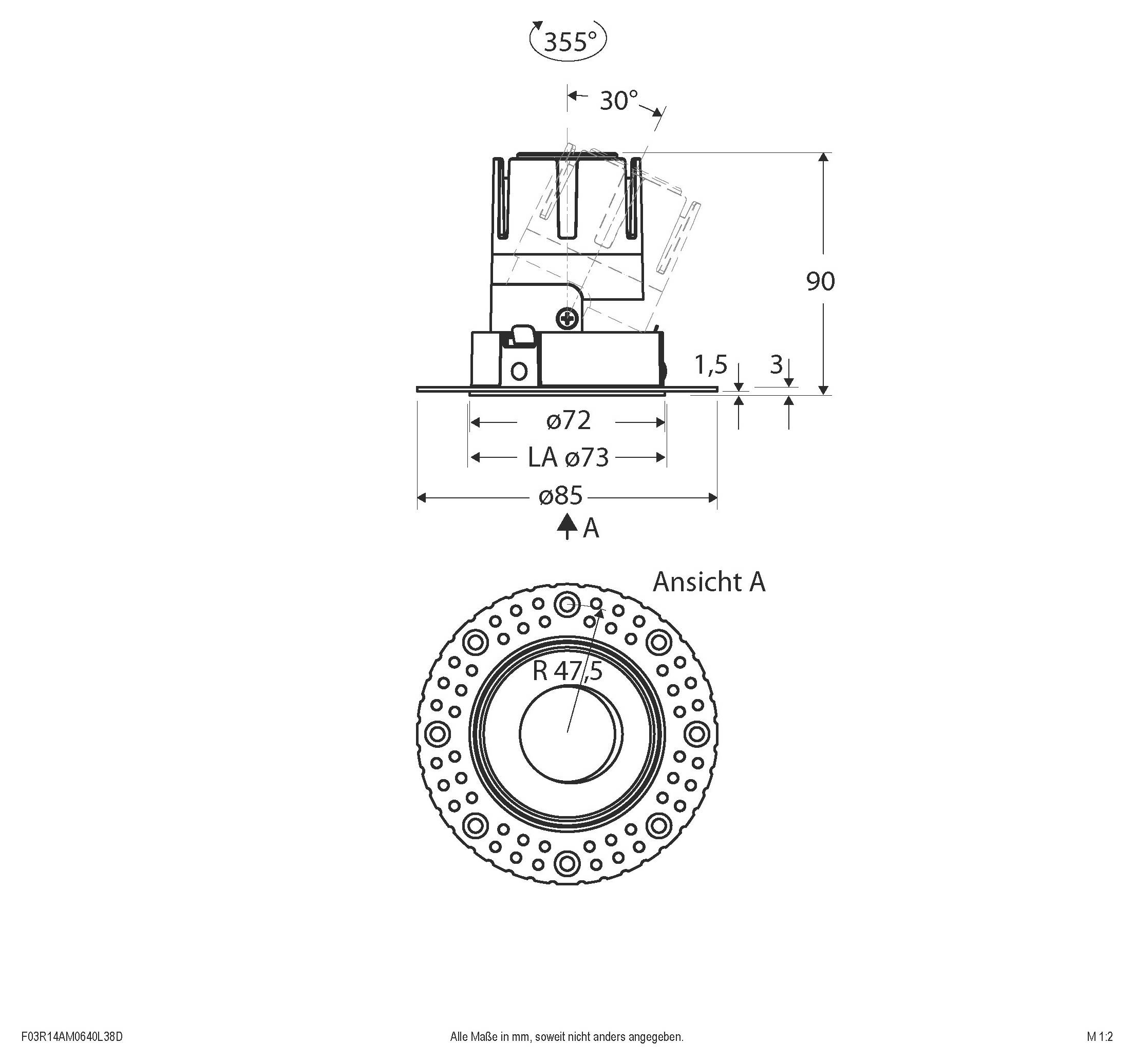 Technische Maßstabszeichnung eines kreisförmigen mechanischen Teils mit Seiten- und Vorderansicht, beschriftet mit Durchmessern, 90 mm Höhe, 355° Drehung und 30° Winkel.