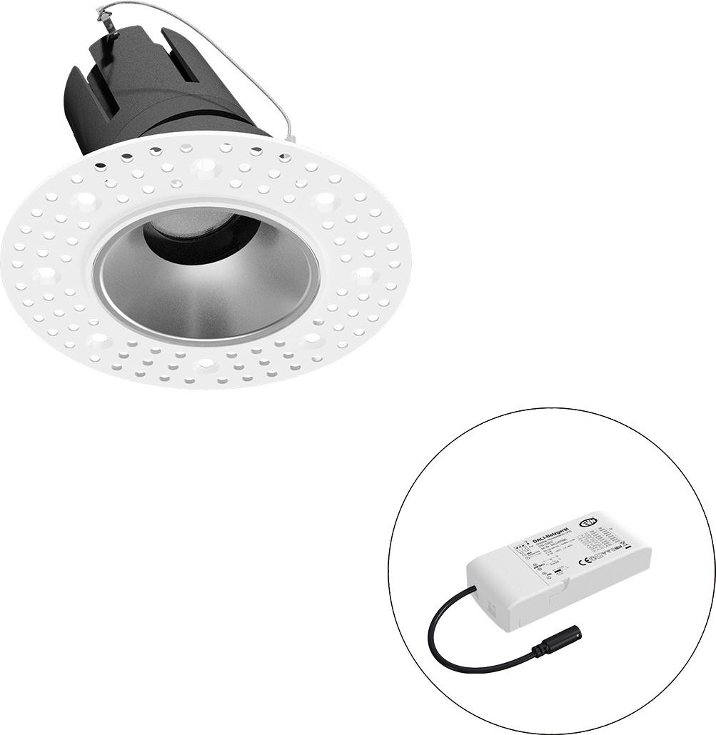 Eingelassene LED-Einbauleuchte mit separatem Stromversorgungsgerät in einer kreisförmigen Einfügung dargestellt.