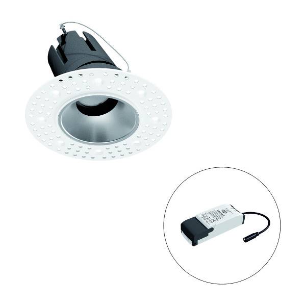LED-Spotlight mit rundem, perforiertem Rahmen und externem rechteckigem Transformator, verbunden mit einem Kabel.