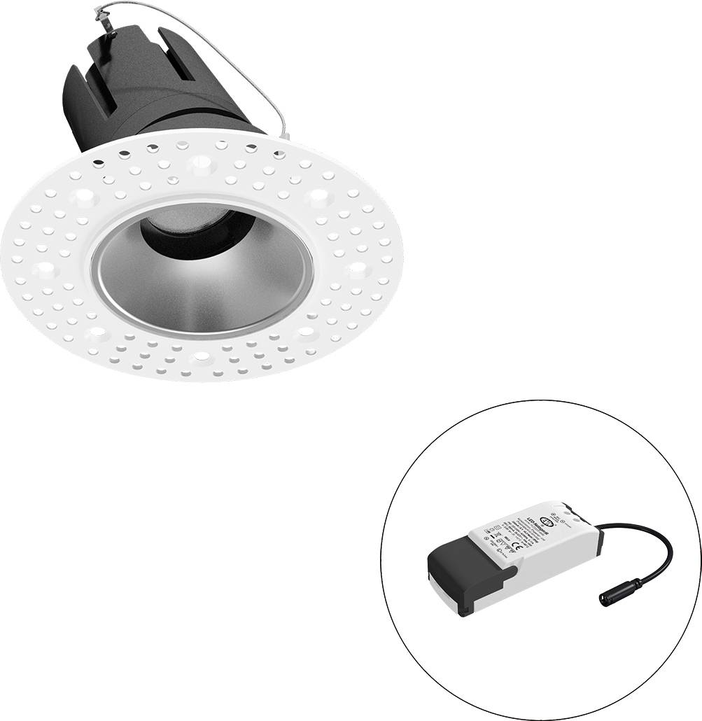 Eingebauter LED-Einbauspot mit perforierter weißer Blende; die Vergrößerung zeigt das passende LED-Treiber-Netzteil mit Kabel.