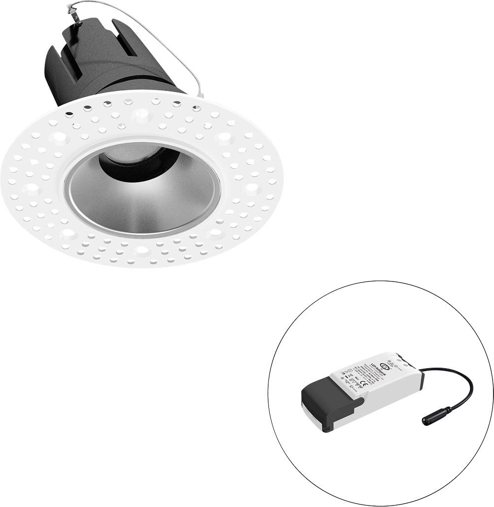 Ein LED-Einbaustrahler mit weißer Umrandung, daneben ein rechteckiges Netzteil mit abgehendem Kabel, beide Produkte in Draufsicht.