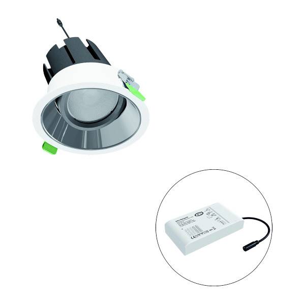 LED-Downlight-Modul mit rundem Gehäuse und externer Treibereinheit. Geeignet für Deckeneinbau und effiziente Beleuchtungslösungen.