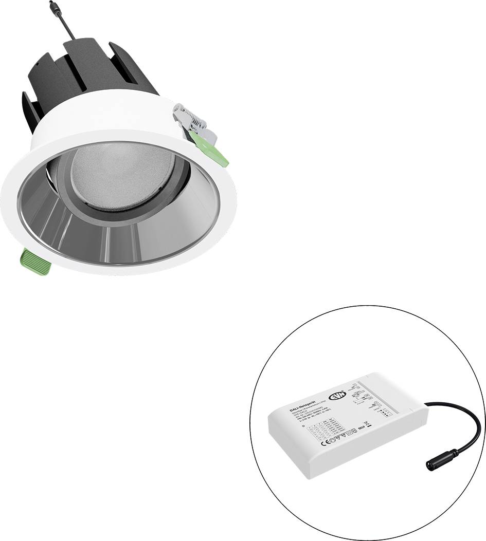 Eingelassene LED-Downlight mit externem Treibermodul in einem kreisförmigen Ausschnitt dargestellt, sowohl weiße als auch schwarze Komponenten auf einfachem Hintergrund.
