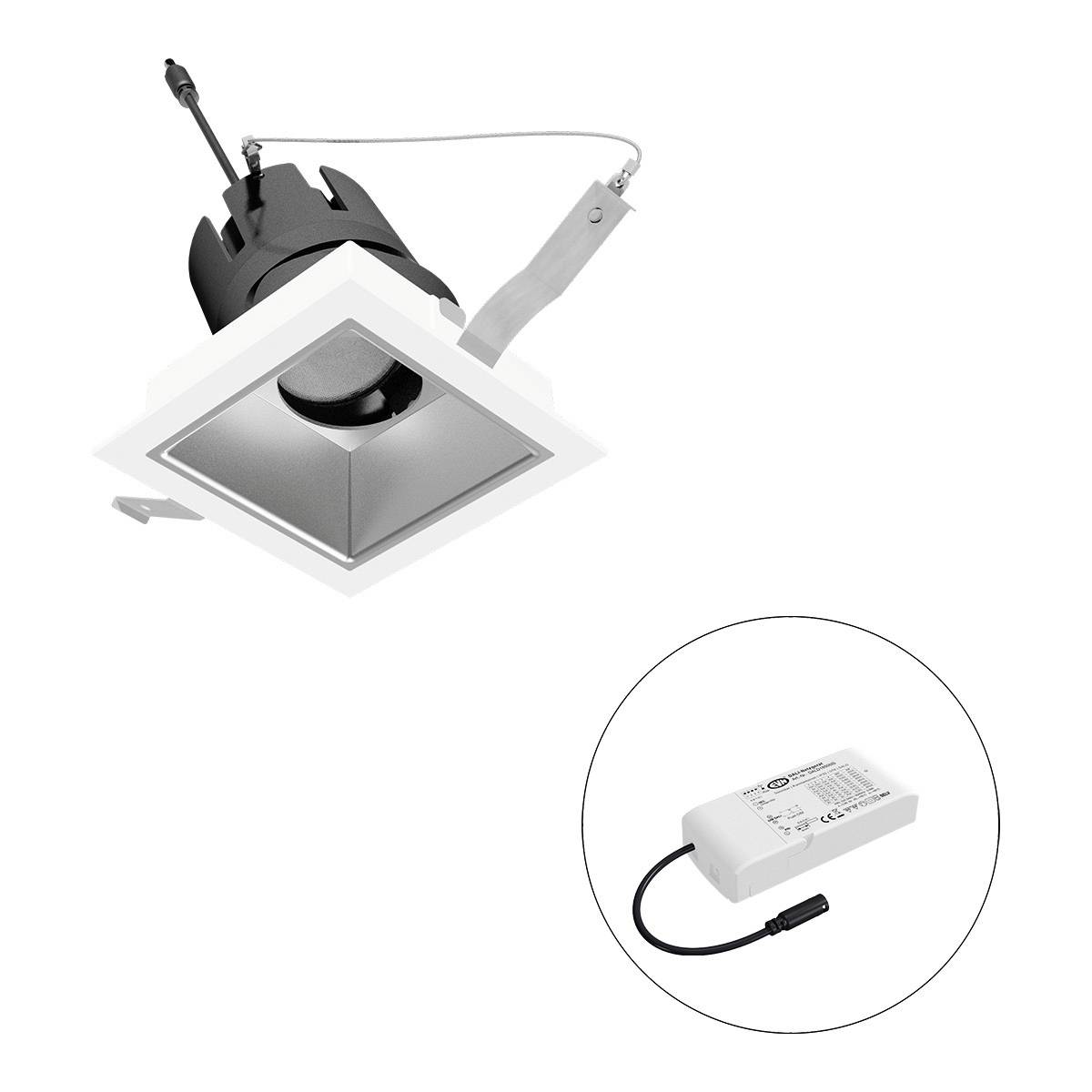 Eckiger Deckeneinbaustrahler mit schwarzem Gehäuse und weißem Rahmen, inklusive externem LED-Treiber im weißen Gehäuse.