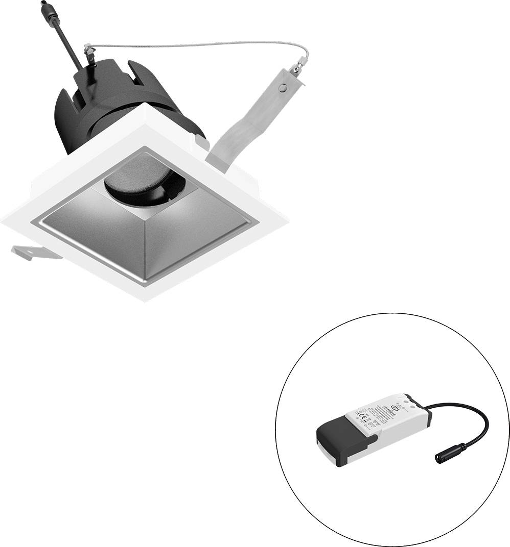 Eingelassene quadratische Deckenleuchte mit separatem LED-Treiber, der in einem Inset-Kreis gezeigt wird.