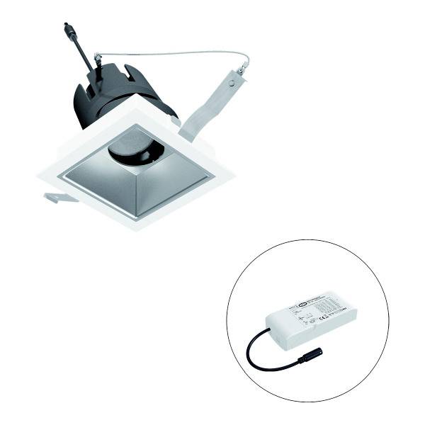Einbauspot mit quadratischer, weißer Umrandung und separatem Transformator. Geeignet für Deckenmontage in Innenräumen.