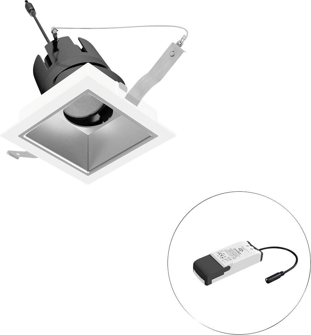 Quadratische, bündig in die Decke eingebaute Leuchte mit separatem Treiber, dargestellt in einem kreisförmigen Ausschnitt.