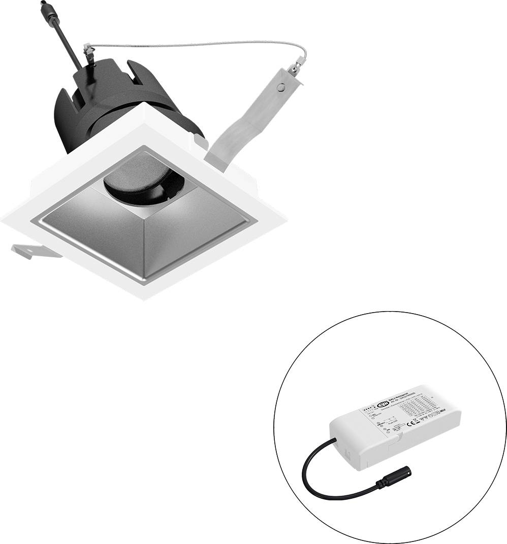 Quadratische Einbauleuchte für die Decke mit integriertem LED-Treiber, dargestellt in einer kreisförmigen Vergrößerung.
