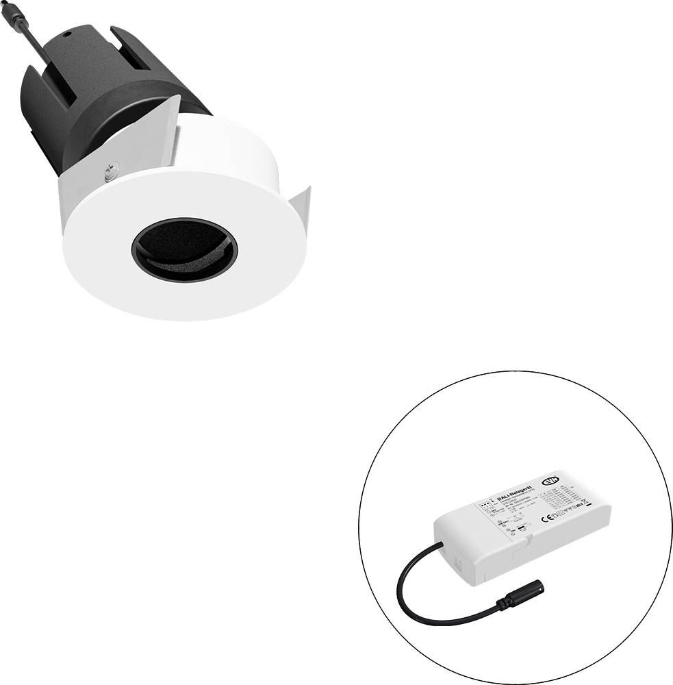 Bündige weiße LED-Einbauleuchte mit angeschlossenem Treiber in einer kreisförmigen Vergrößerung dargestellt.