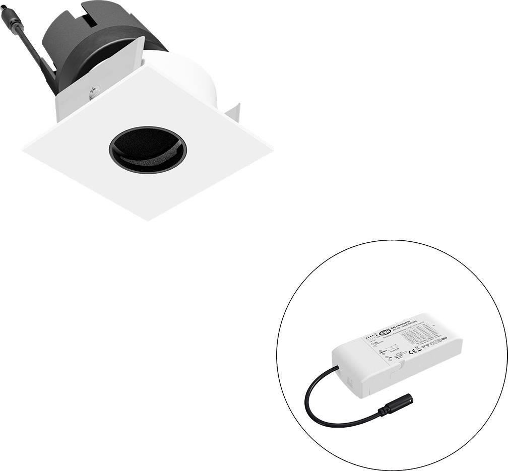 Eingebaute quadratische Deckenleuchte mit separatem Treibermodul, das in einer kreisförmigen Vergrößerung dargestellt ist.