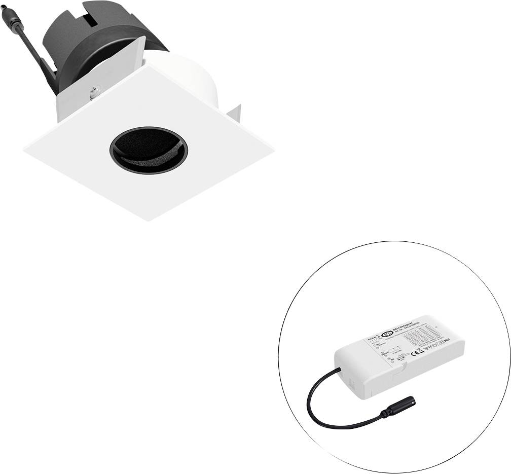 Eingelassene quadratische LED-Einbauleuchte mit schwarzer Blende und integriertem Treiber, mit einer Nahaufnahme des Stromversorgungsgeräts.