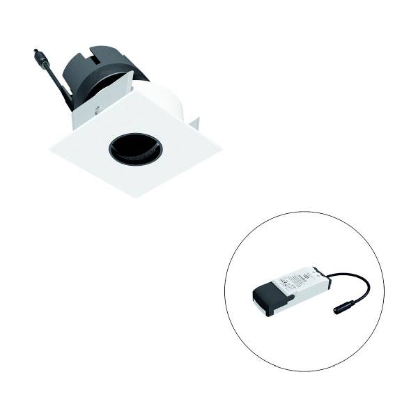 Einbaustrahler in quadratischer Form mit schwarzer Innenblende und weißem Rahmen, abgebildet mit passendem LED-Treiber.