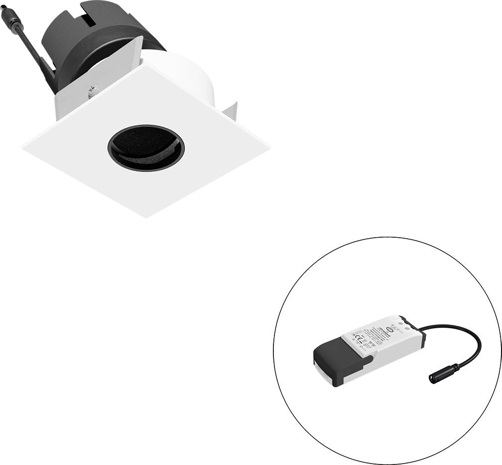 Flache quadratische LED-Einbauleuchte mit verstellbarem schwarzem Gehäuse, dargestellt mit ihrem Treibermodul in einem eingefügten Kreis.